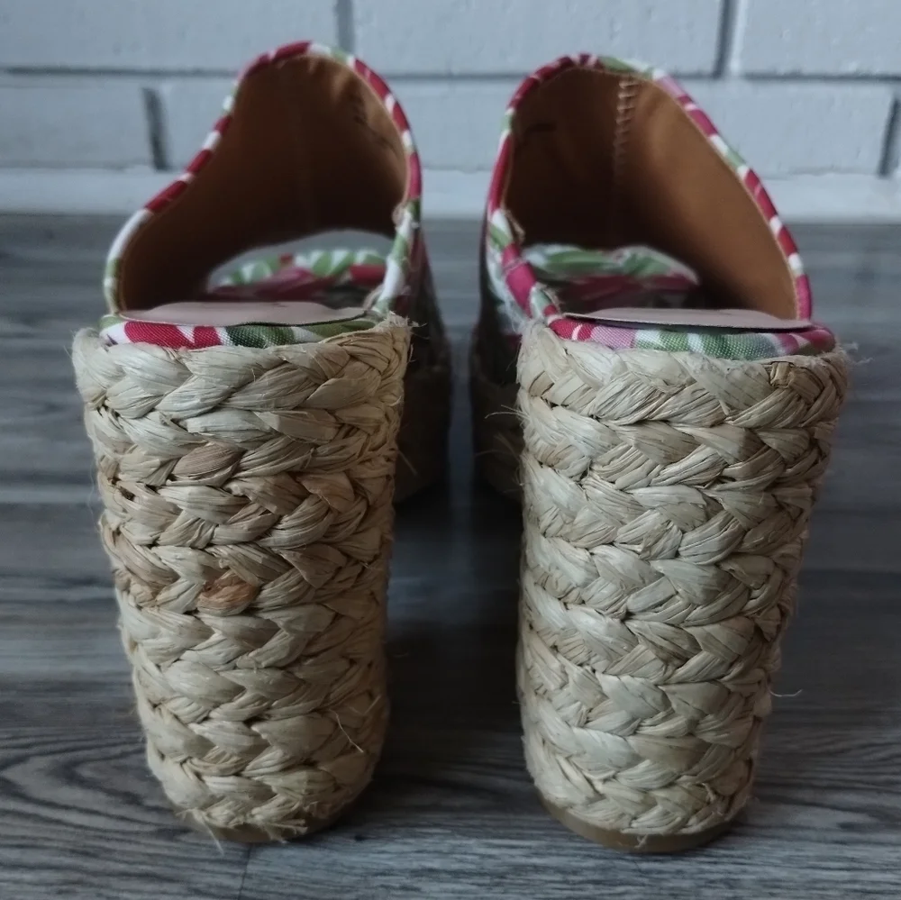 LuLus Ervyn Paradise Tropical Print Raffia Platform Slide Sandals Size 10